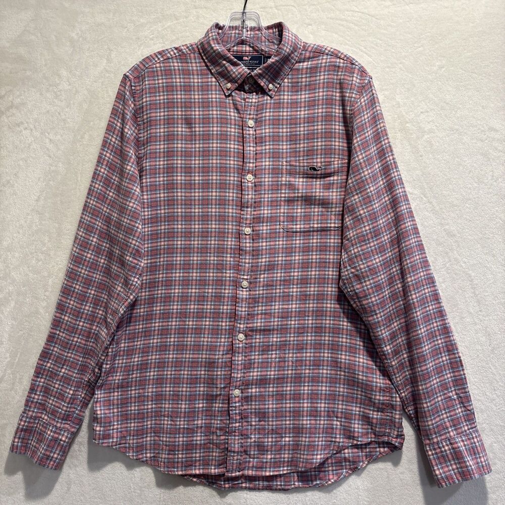 Vineyard Vines Linen Blend Slim Fit Tucker Shirt Plaid Men's Medium Pink Blue